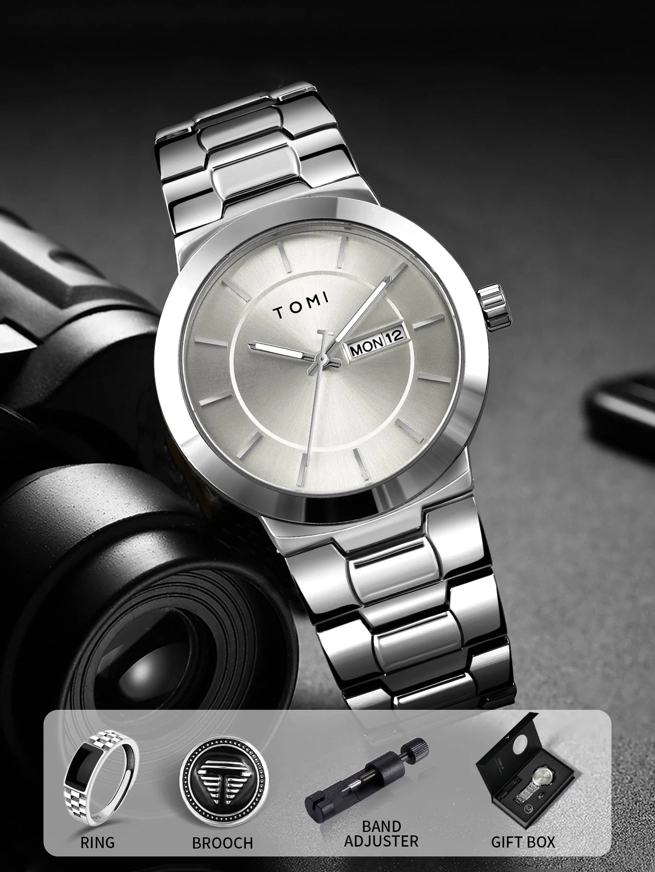 TOMI men’s blue dial minimalist watch with stainless steel bracelet and date display