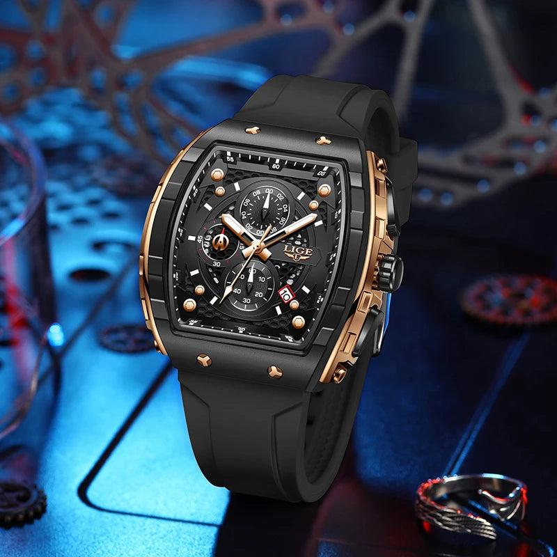 LIGE tonneau sport luxury men’s chronograph watch with black dial, gold accents, silicone strap”