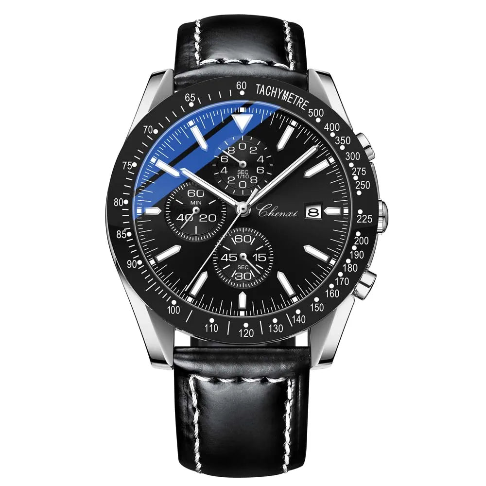 Biden blue racing chronograph watch, leather strap, sunburst dial, subdials, stainless steel case