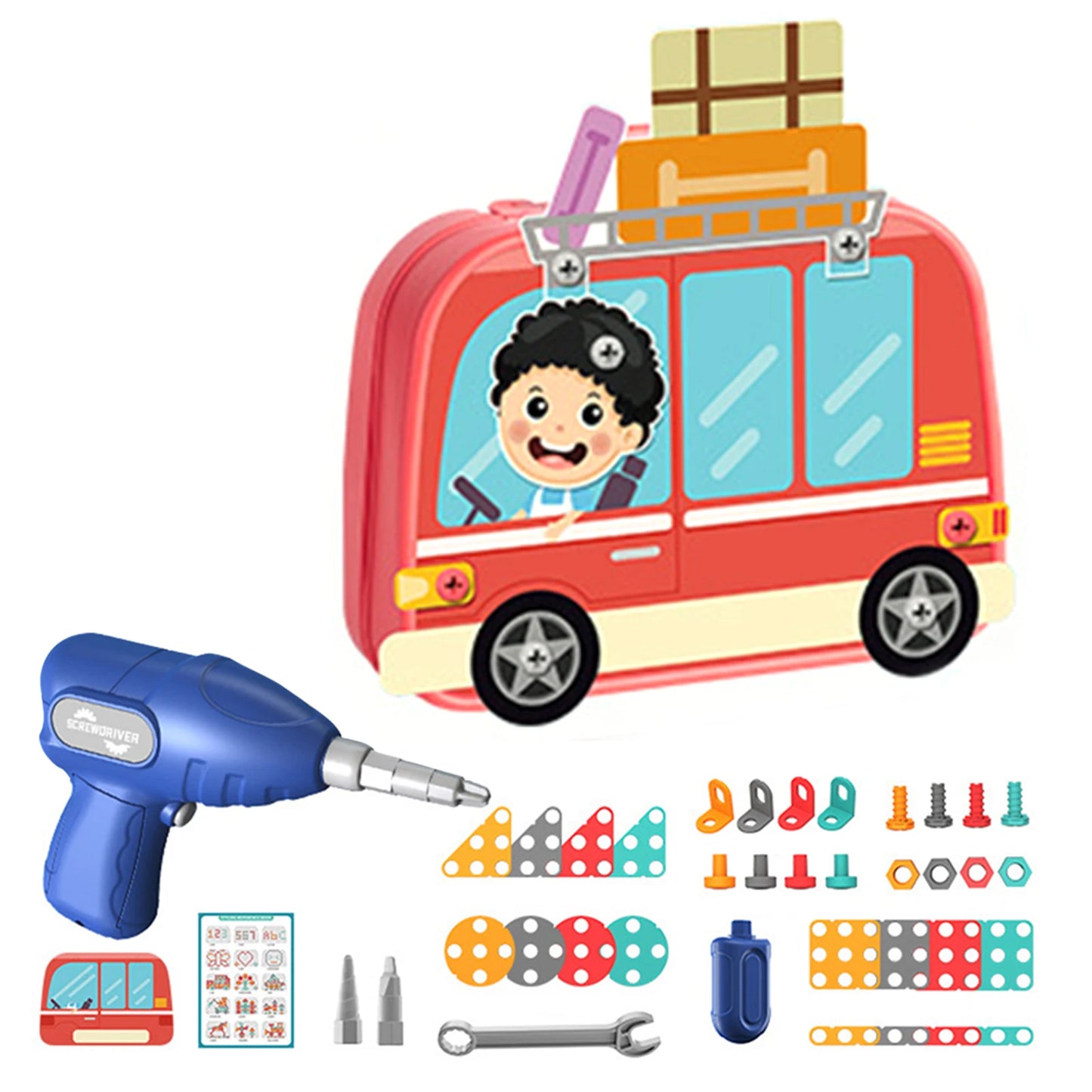 Bear design kids’ STEM drill set with colorful building pieces and case