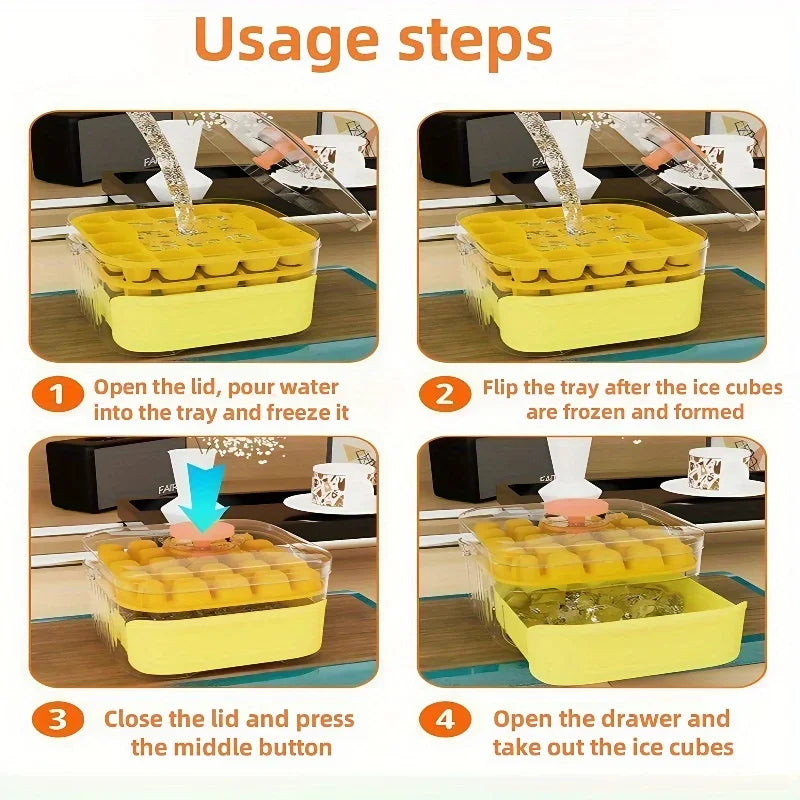 Large capacity ice cube box with easy-release lid, scoop, and clear storage bin