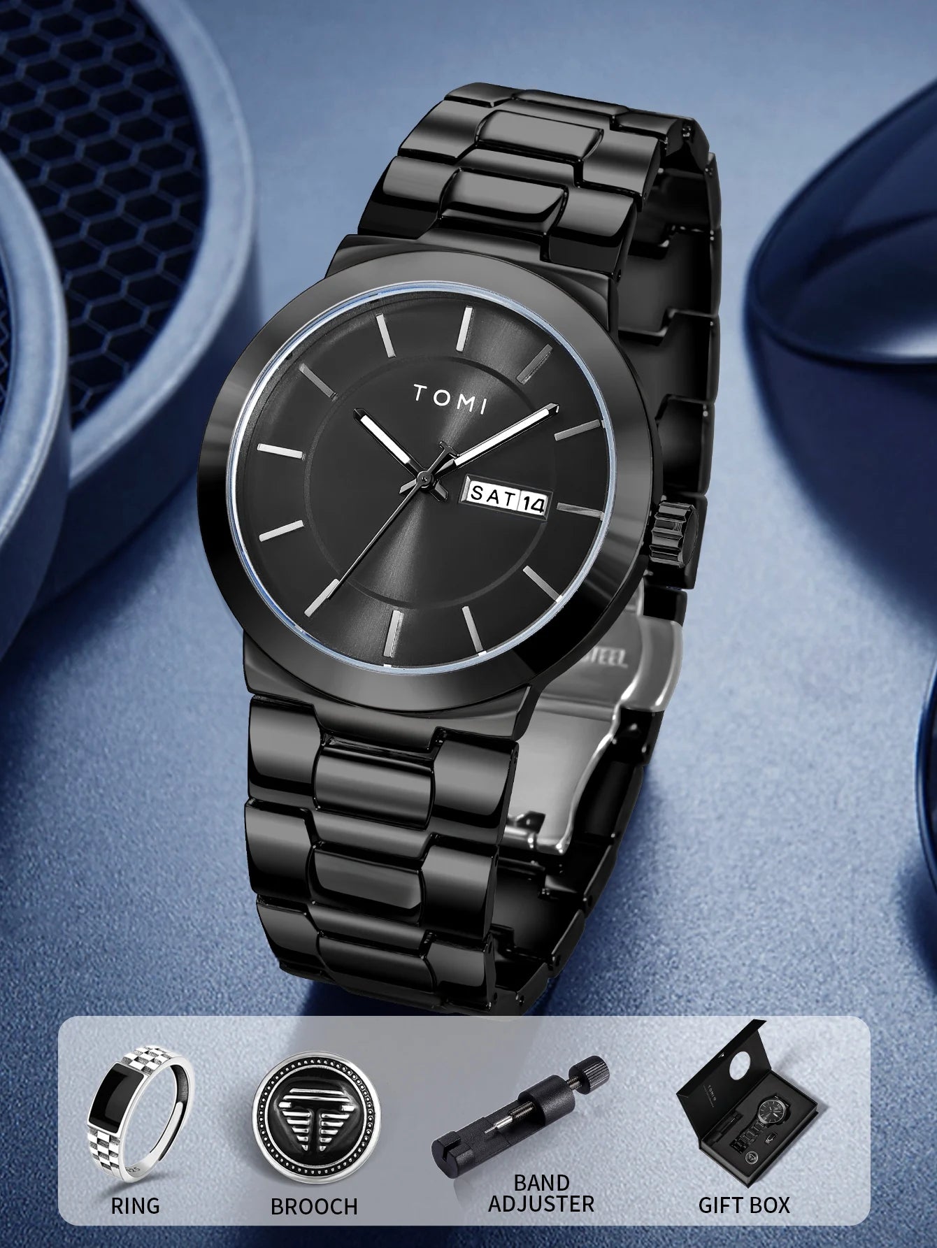 TOMI Blue Dial Minimalist Watch – Stainless Steel Men’s Dress Timepiece
