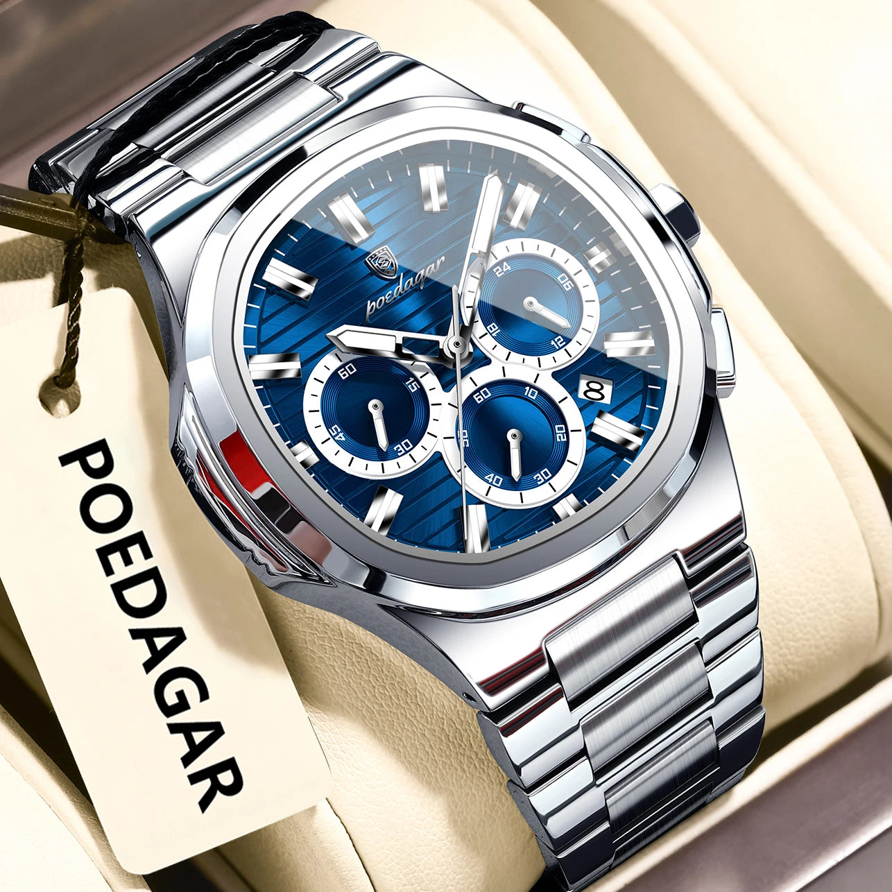Luxury men’s blue chronograph watch with stainless steel bracelet, sporty dial, and multi-subdial features”