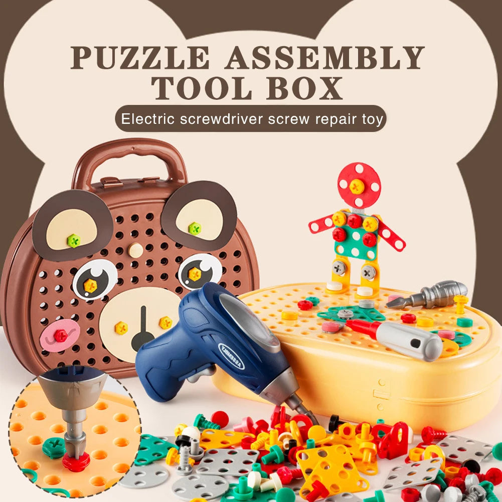 Bear design kids’ STEM drill set with colorful building pieces and case