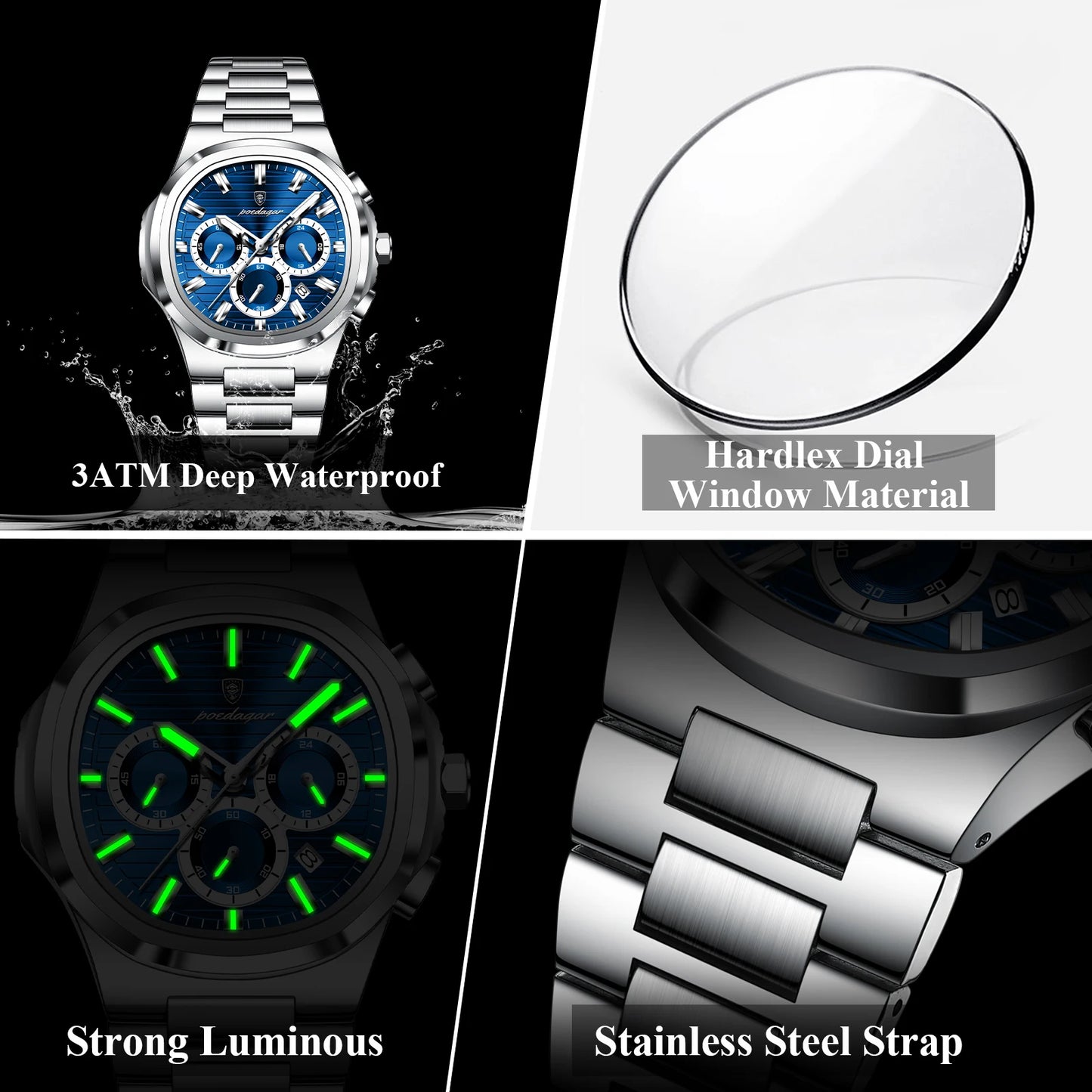 Luxury men’s blue chronograph watch with stainless steel bracelet, sporty dial, and multi-subdial features”