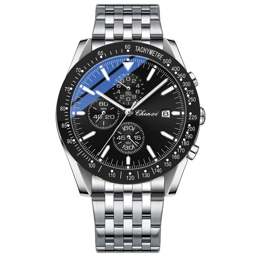 Biden blue racing chronograph watch, leather strap, sunburst dial, subdials, stainless steel case