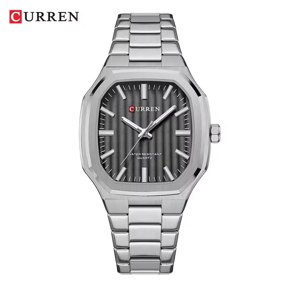 CURREN men’s luxury stainless steel octagonal watch with blue textured dial