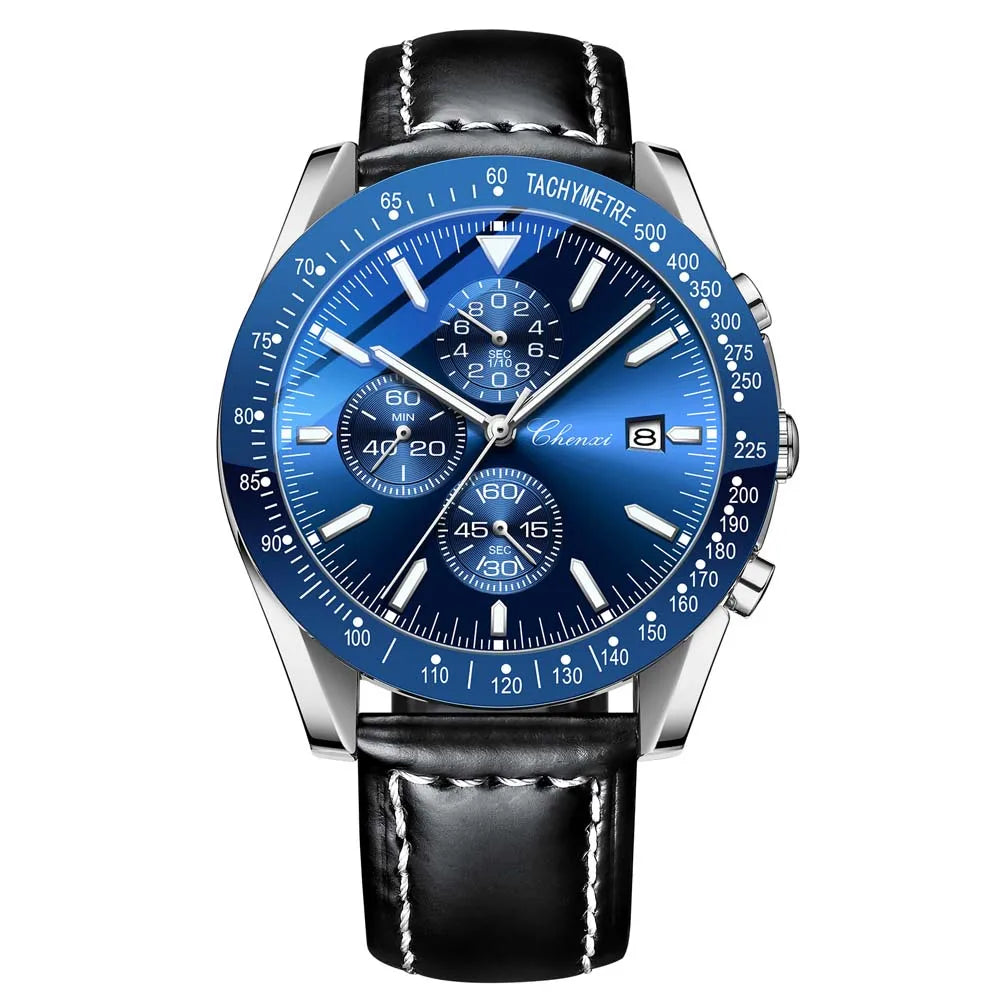 Biden blue racing chronograph watch, leather strap, sunburst dial, subdials, stainless steel case