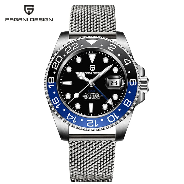 Pagani Design Pepsi GMT automatic men’s watch, red-blue bezel, black dial, Jubilee steel bracelet