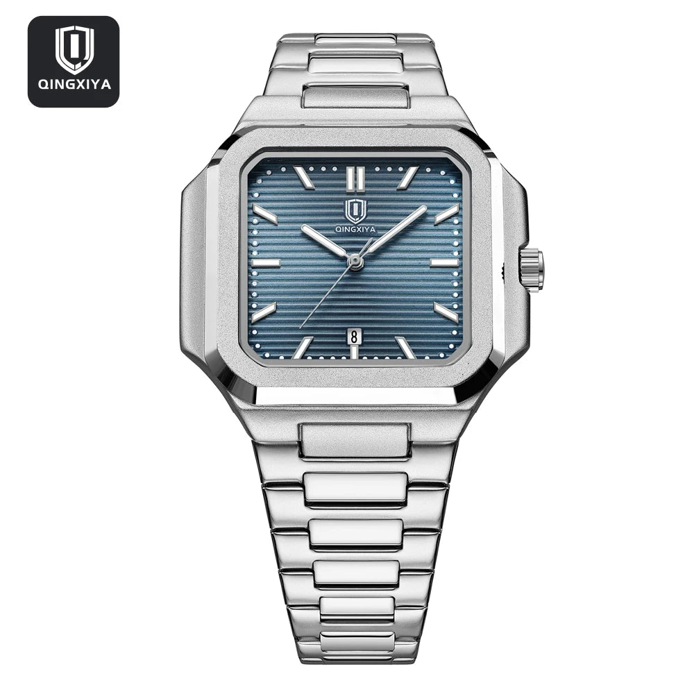 Modern men’s square stainless steel watch with textured dial and link bracelet