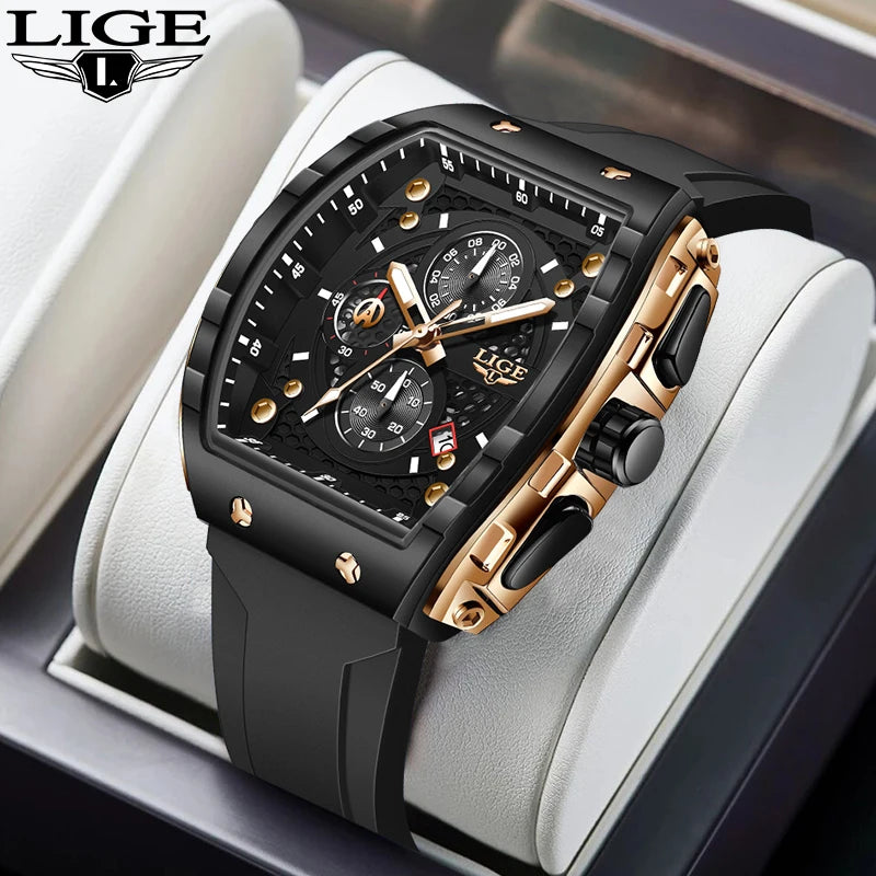 LIGE tonneau sport luxury men’s chronograph watch with black dial, gold accents, silicone strap”