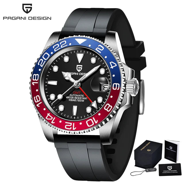 Pagani Design Pepsi GMT automatic men’s watch, red-blue bezel, black dial, Jubilee steel bracelet