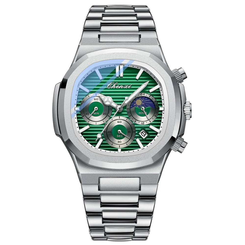 Ekonai blue chronograph watch, silver stainless steel bracelet, textured blue dial, multi-subdials