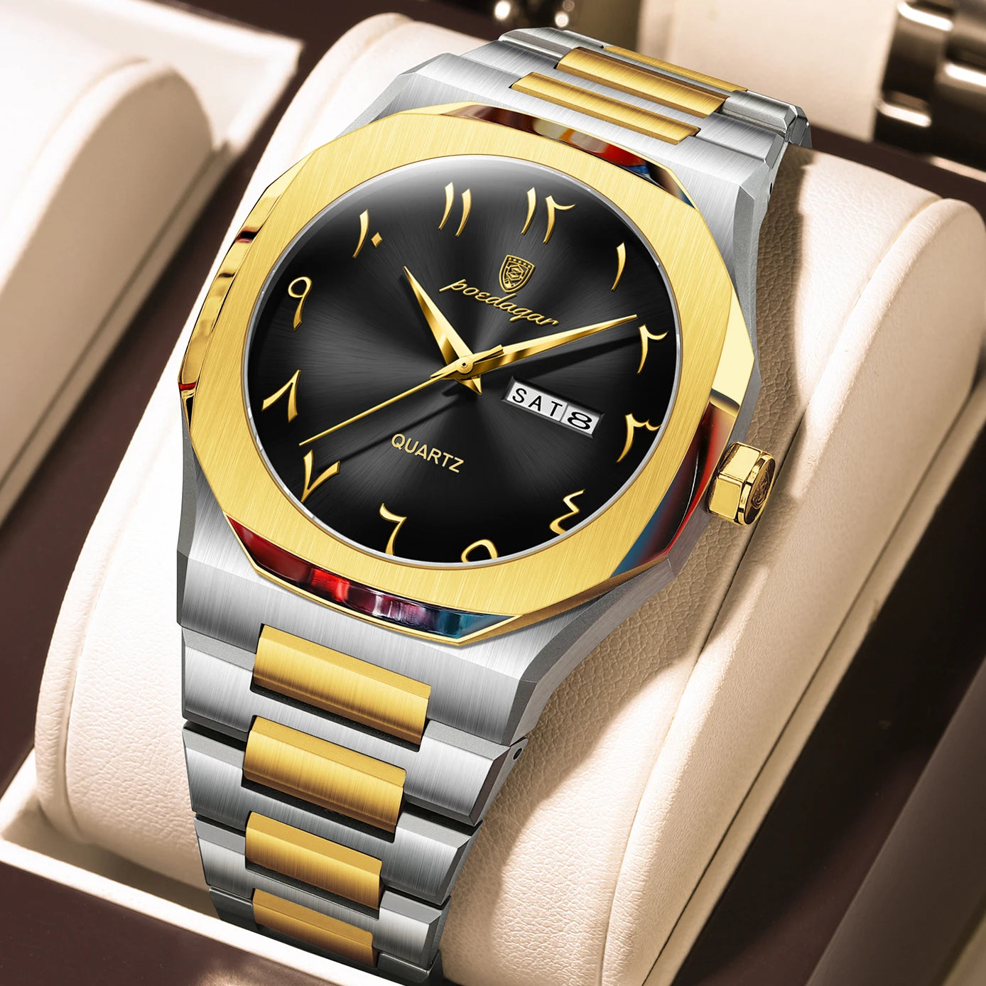 PAGANI DESIGN all-black men’s watch with octagonal case and day date display
