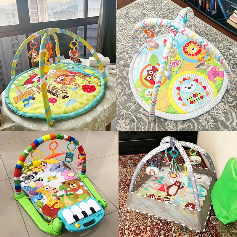 “Baby activity gym mat with hanging toys and soft play area”