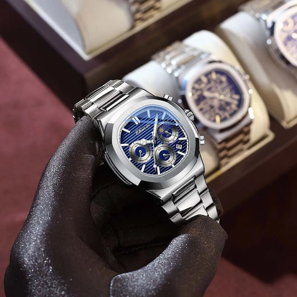 Ekonai blue chronograph watch, silver stainless steel bracelet, textured blue dial, multi-subdials