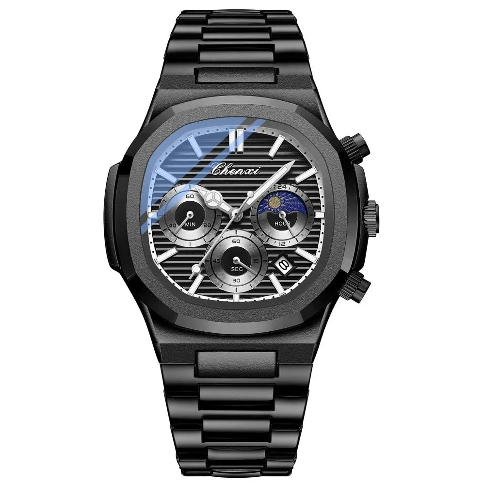Ekonai blue chronograph watch, silver stainless steel bracelet, textured blue dial, multi-subdials
