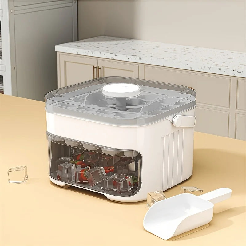 Large capacity ice cube box with easy-release lid, scoop, and clear storage bin
