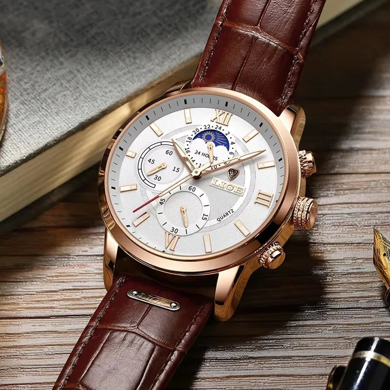 “LIGE rose gold chronograph watch, white dial, brown leather strap, moonphase subdial, formal men’s style