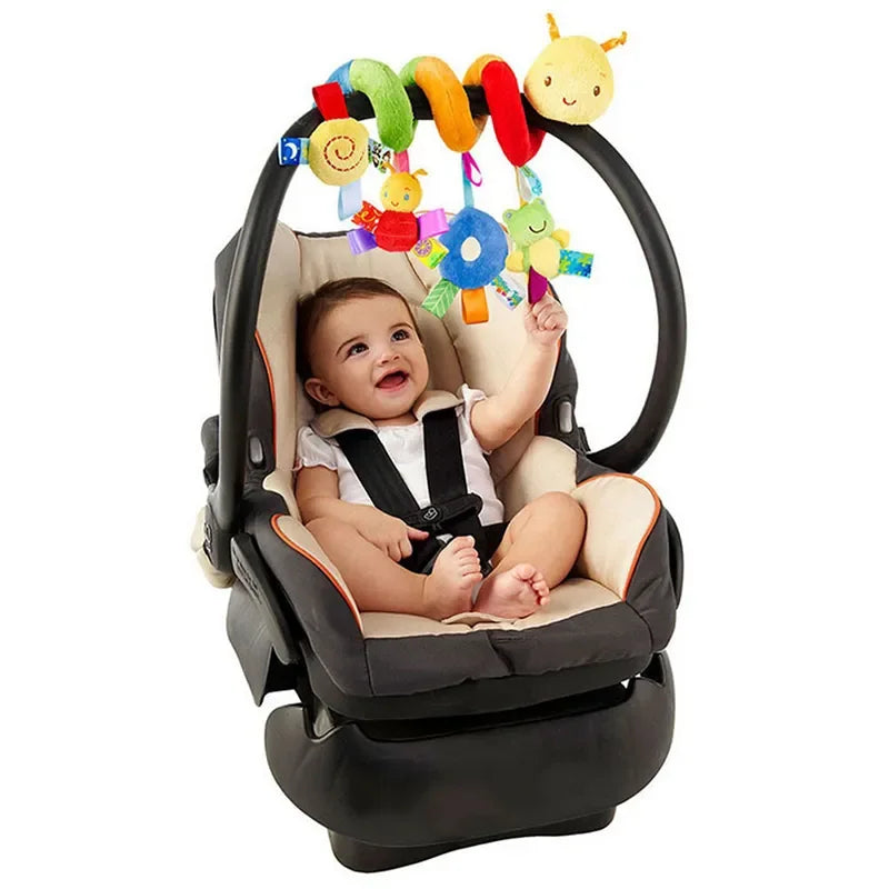 Plush spiral infant car seat toy with colorful animal rattles and textures