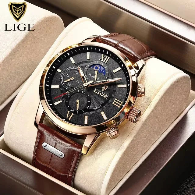 “LIGE rose gold chronograph watch, white dial, brown leather strap, moonphase subdial, formal men’s style