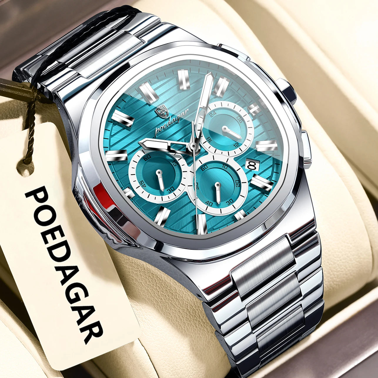 Luxury men’s blue chronograph watch with stainless steel bracelet, sporty dial, and multi-subdial features”
