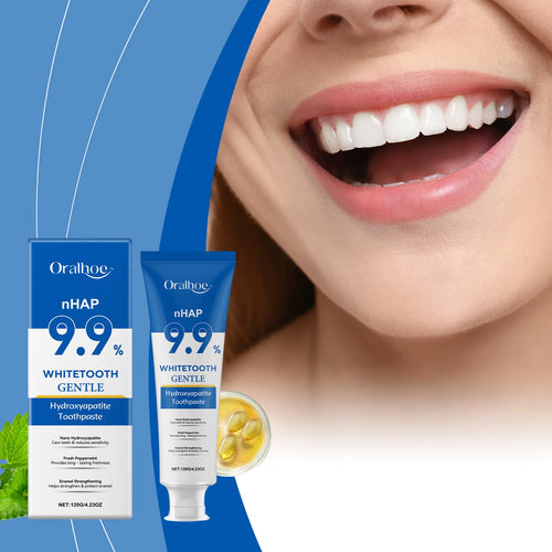 Oralhoe nHAP 9.9% hydroxyapatite toothpaste box and tube mint fresh gentle whitening