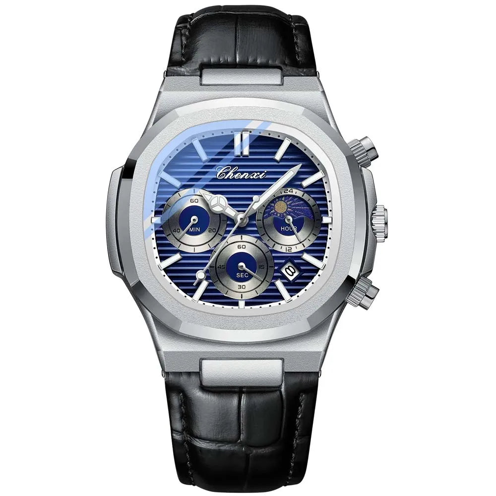 Ekonai blue chronograph watch, silver stainless steel bracelet, textured blue dial, multi-subdials