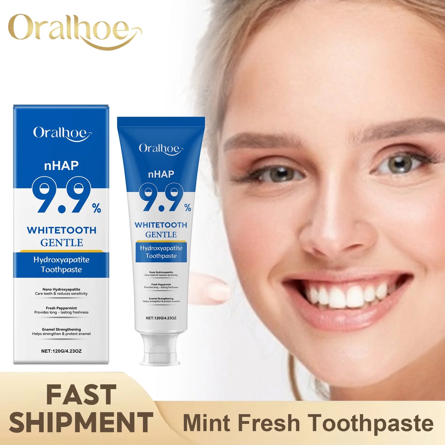 Oralhoe nHAP 9.9% hydroxyapatite toothpaste box and tube mint fresh gentle whitening