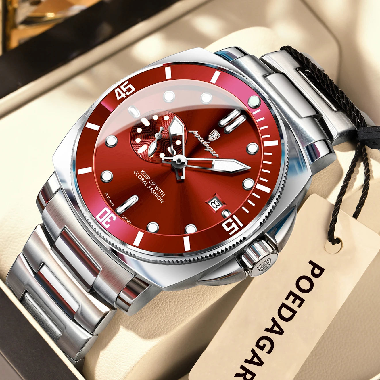 Pagani Design red diver watch with stainless steel bracelet and bold red dial