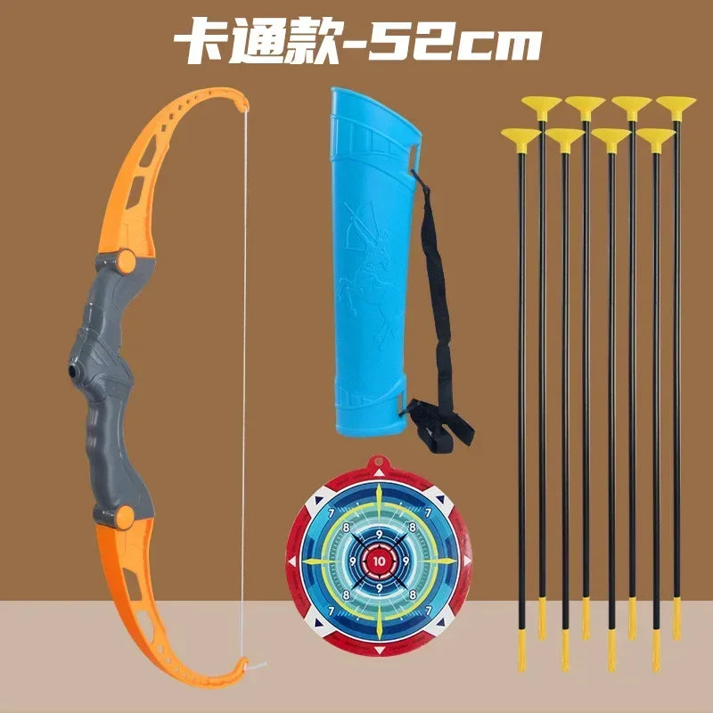 Child playing with bow and arrow toy set, suction cup arrows, and target on wall”