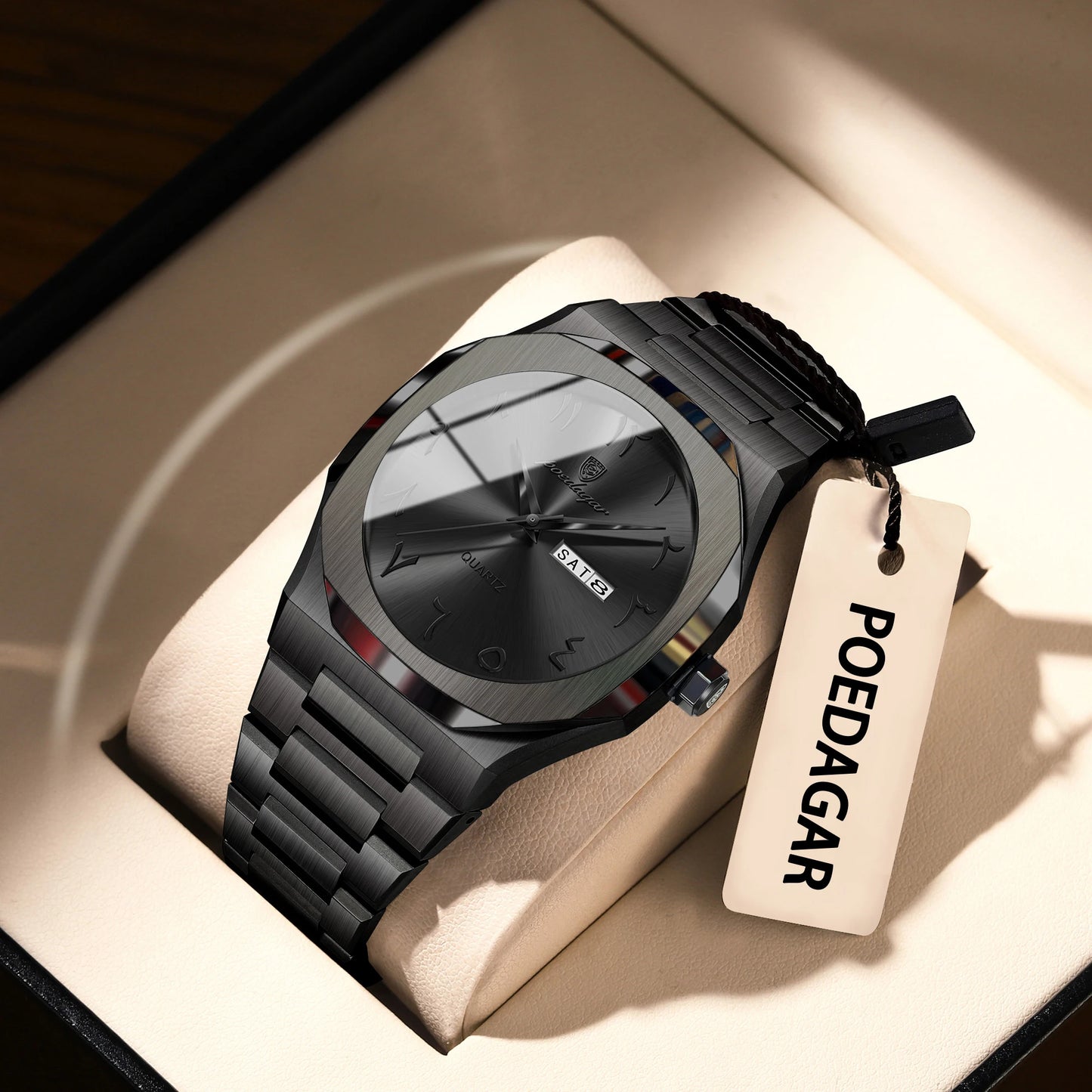 PAGANI DESIGN all-black men’s watch with octagonal case and day date display