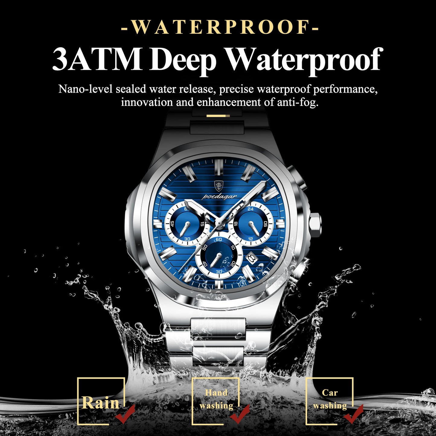 Luxury men’s blue chronograph watch with stainless steel bracelet, sporty dial, and multi-subdial features”