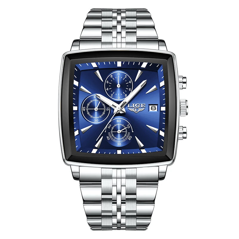 Luxury men’s square chronograph watch with black dial, gold case, and two-tone stainless steel bracelet”
