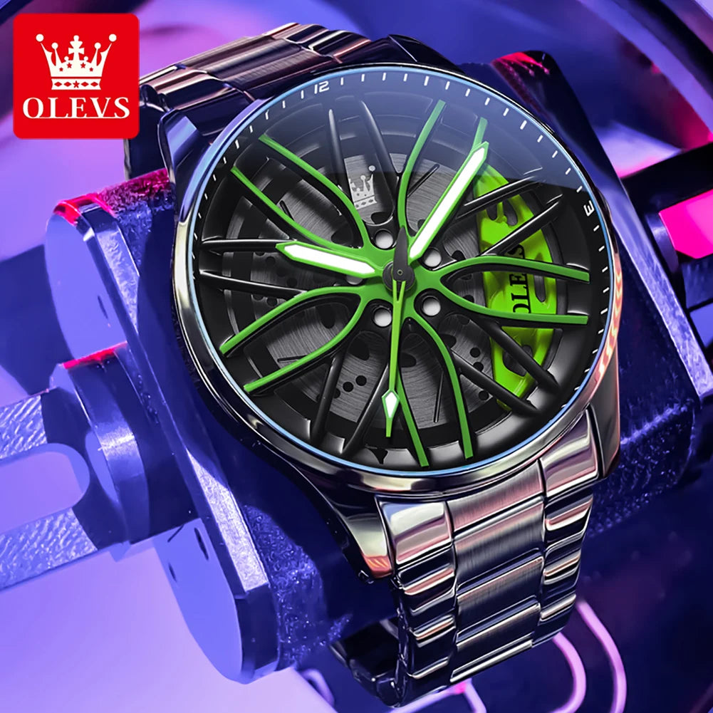 OLEVS men’s green skeleton wheel watch with black stainless bracelet and futuristic luminous dial”