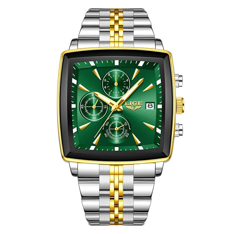 Luxury men’s square chronograph watch with black dial, gold case, and two-tone stainless steel bracelet”