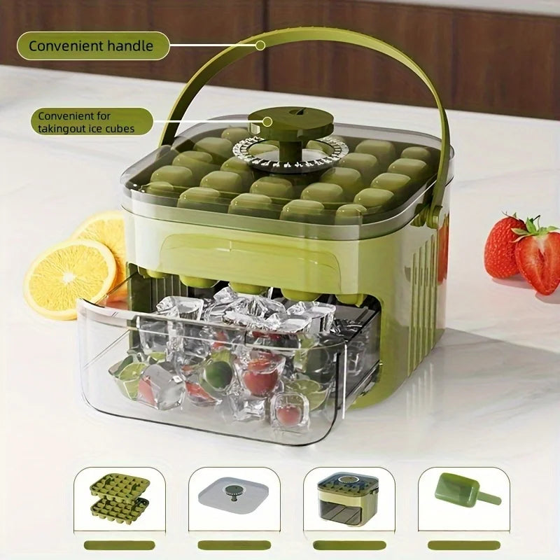 Large capacity ice cube box with easy-release lid, scoop, and clear storage bin
