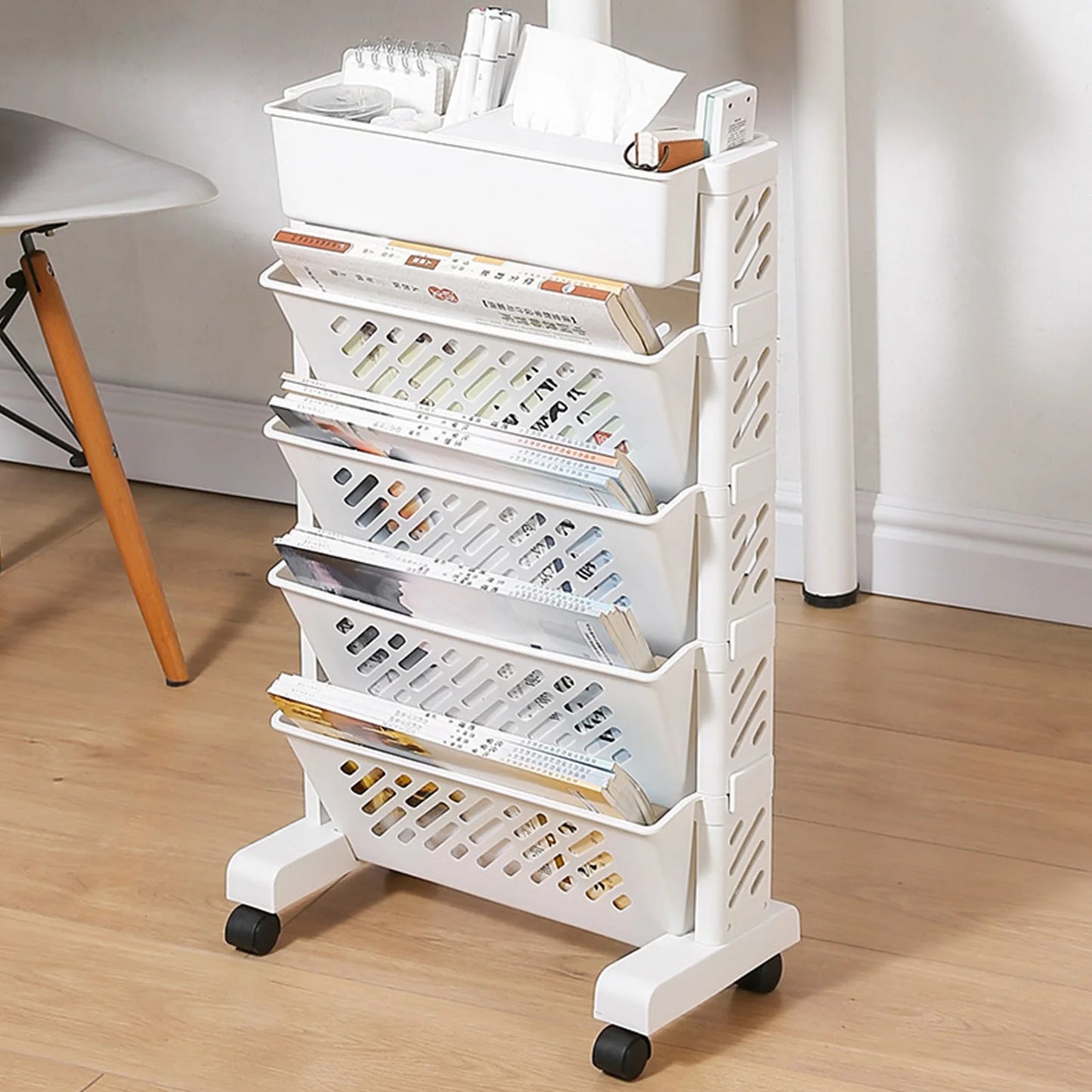Rolling storage cart with multiple layers and wheels – book and document organizer”