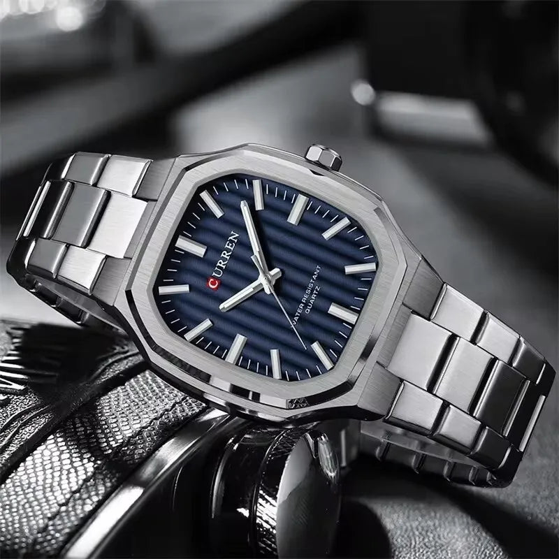 CURREN men’s luxury stainless steel octagonal watch with blue textured dial