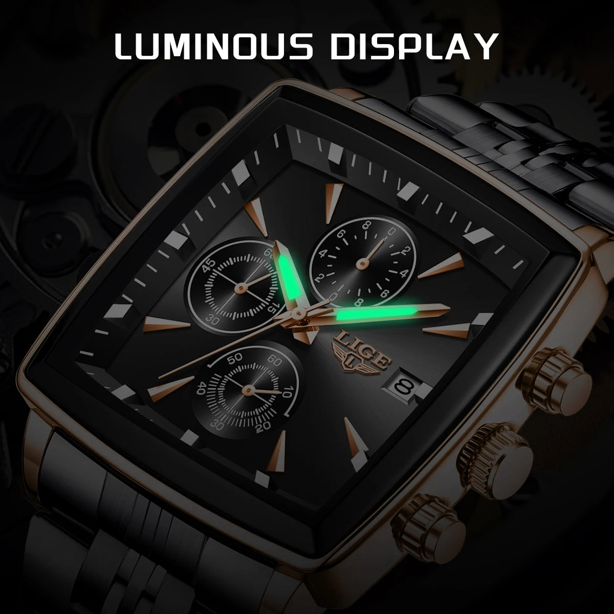 Luxury men’s square chronograph watch with black dial, gold case, and two-tone stainless steel bracelet”
