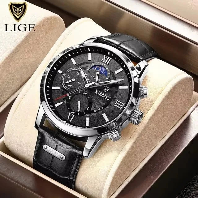 “LIGE rose gold chronograph watch, white dial, brown leather strap, moonphase subdial, formal men’s style