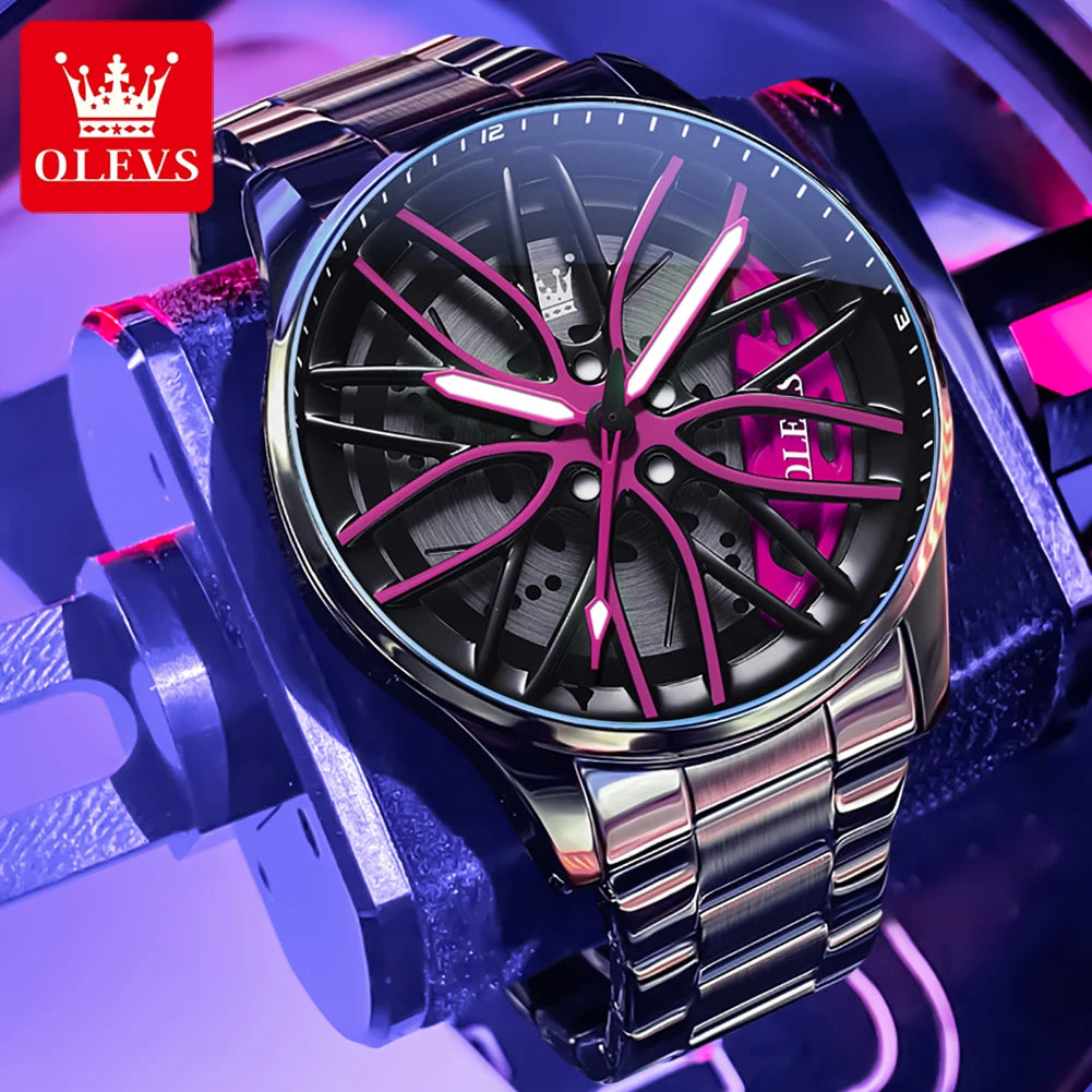 OLEVS men’s green skeleton wheel watch with black stainless bracelet and futuristic luminous dial”