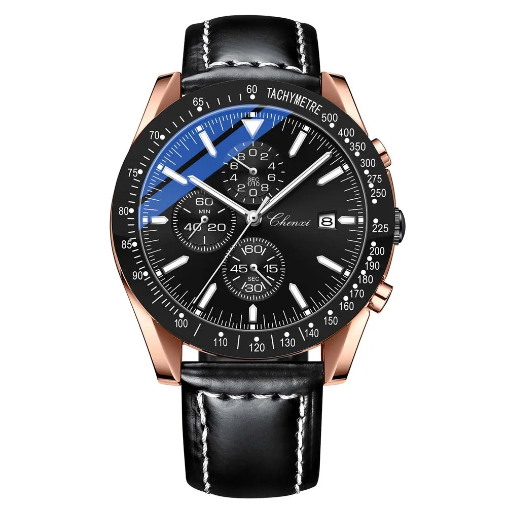 Biden blue racing chronograph watch, leather strap, sunburst dial, subdials, stainless steel case