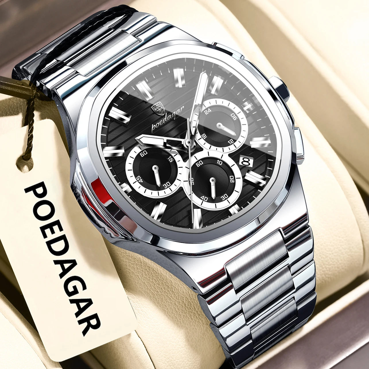 Luxury men’s blue chronograph watch with stainless steel bracelet, sporty dial, and multi-subdial features”