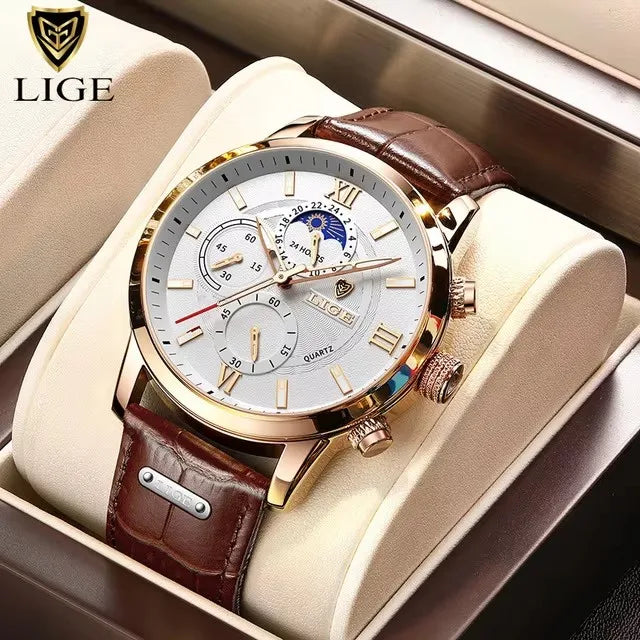 “LIGE rose gold chronograph watch, white dial, brown leather strap, moonphase subdial, formal men’s style