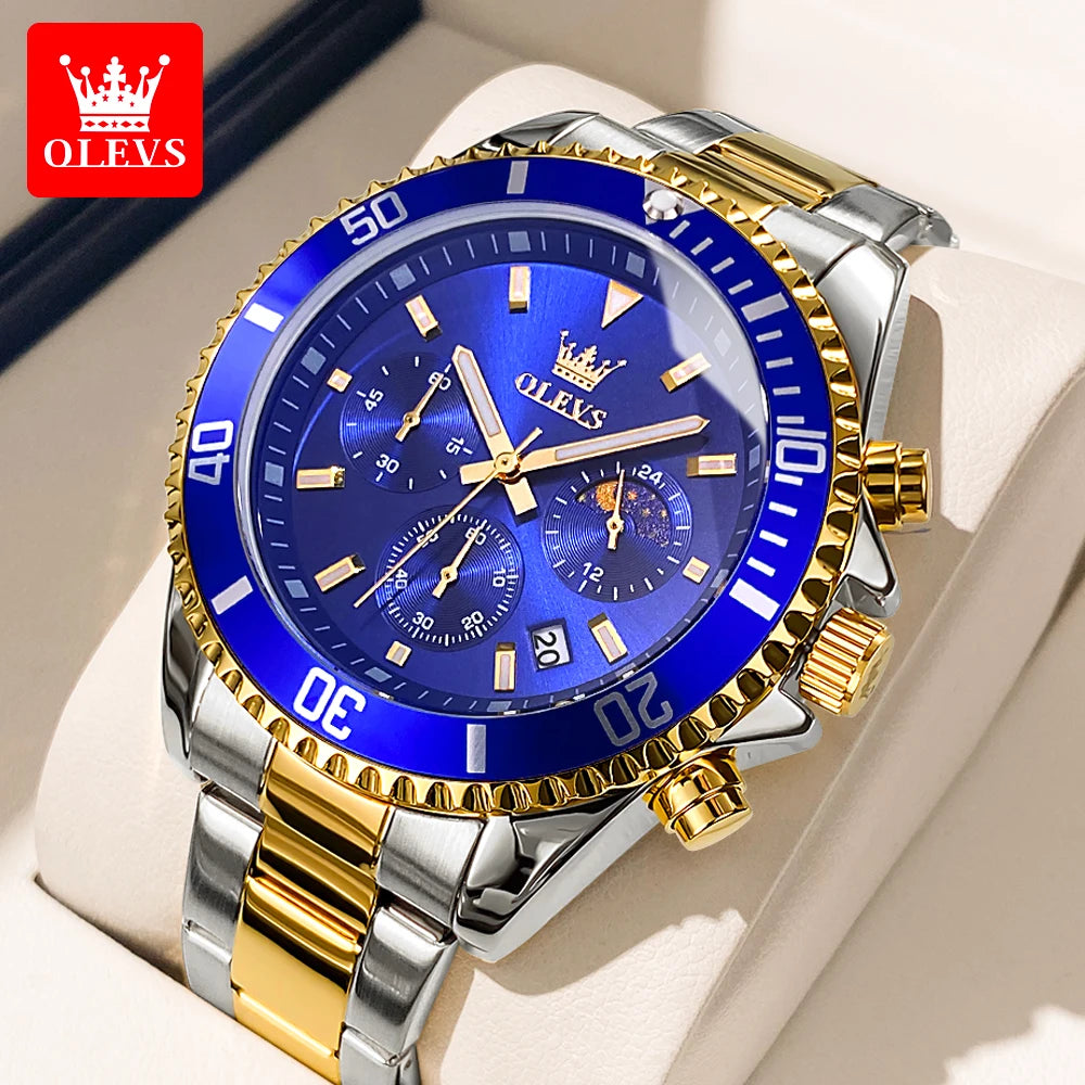OLEVS chronograph dive watch collection in gold, silver, black, green, and blue with mixed steel bracelets