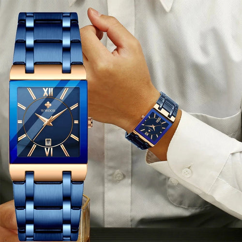 WWOOR men’s square blue dial watch with gold markers and blue steel bracelet