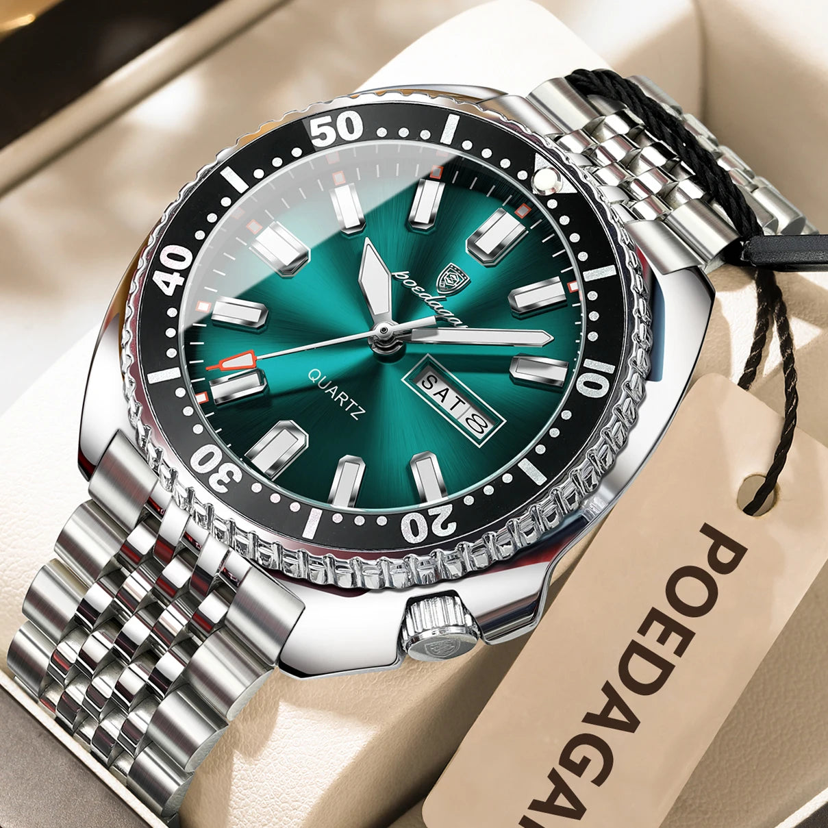 Pagani Design green diver watch with stainless steel bracelet and luminous markers