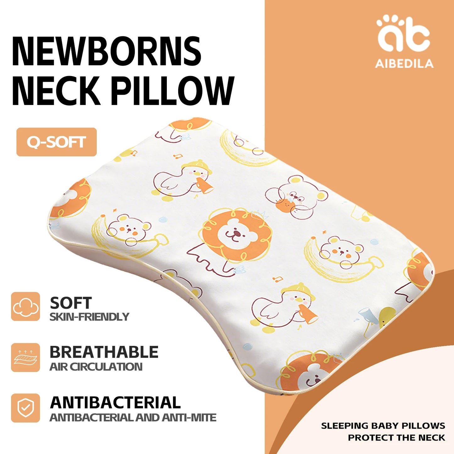 Aibedila ergonomic baby pillow with rabbit pattern for sleep support