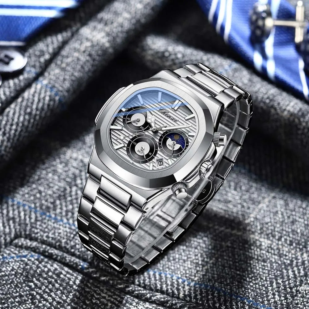 Ekonai blue chronograph watch, silver stainless steel bracelet, textured blue dial, multi-subdials